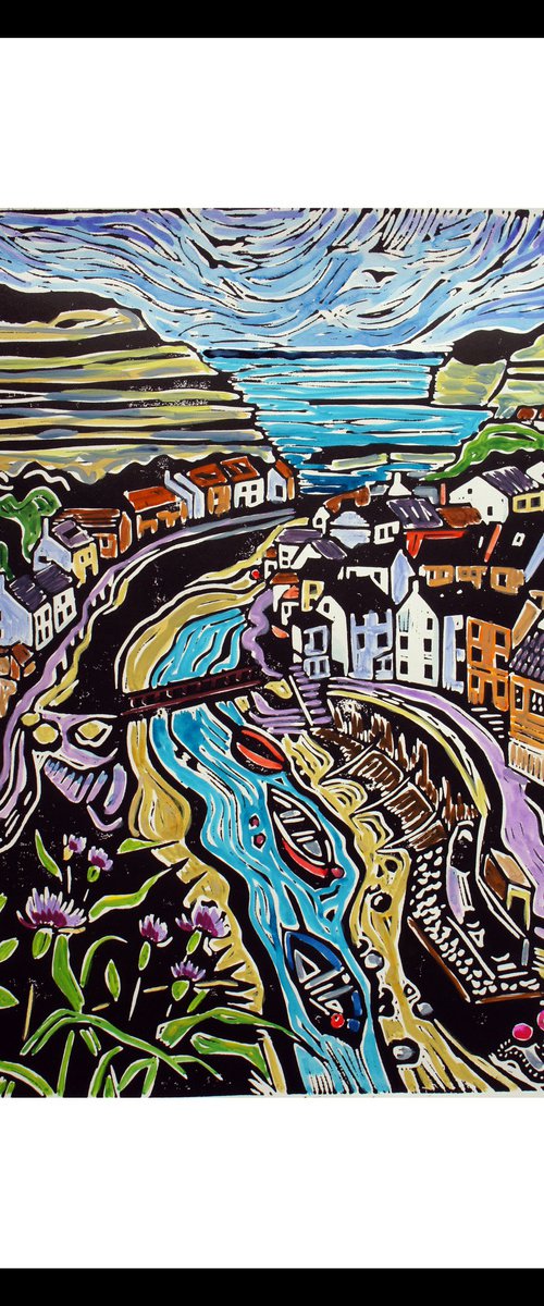 Staithes - Hand coloured Lino print by Julia  Rigby