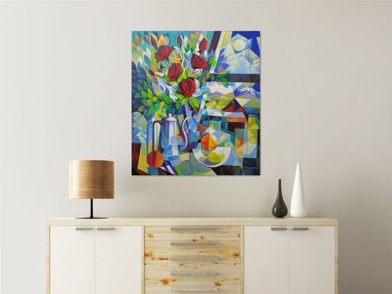 Still life with roses (80x90cm, cubism, oil painting, ready to hang)