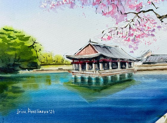 Spring Blossoms at Gyeongbokgung Palace original watercolor painting, blossom decor
