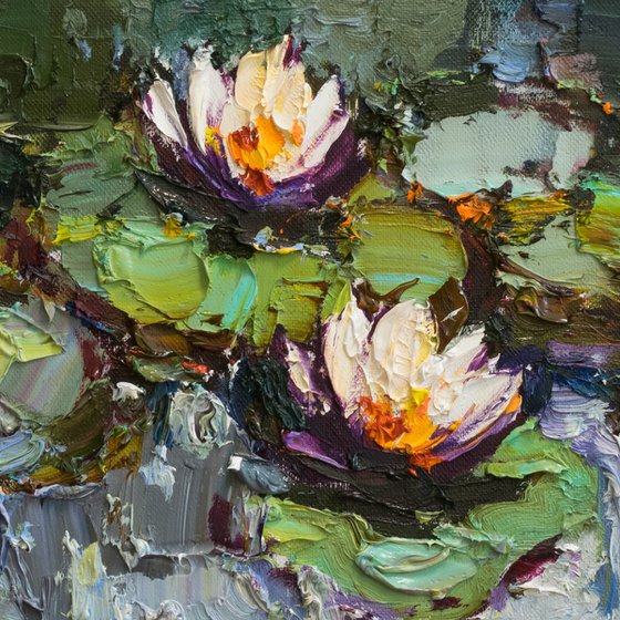 Pond flowers  Impasto Original Oil painting