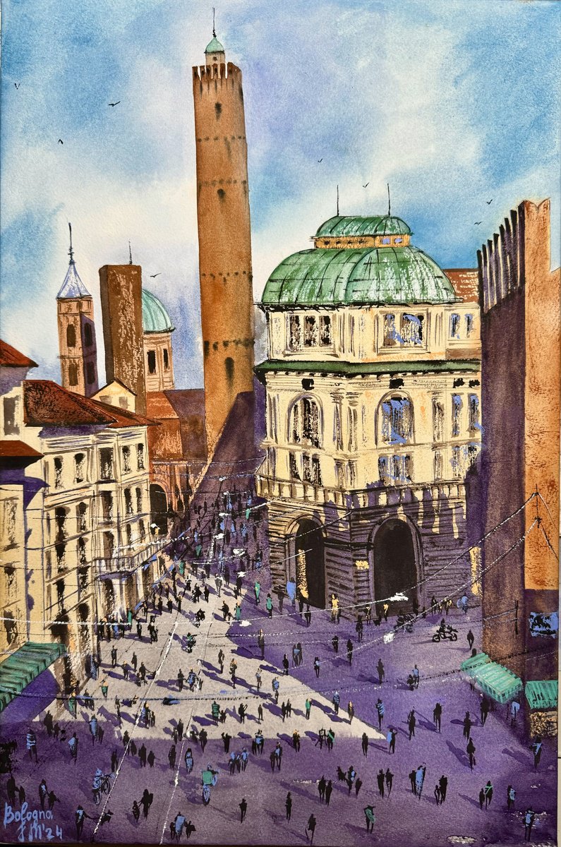 Cityscapes Watercolour By Yuliia Sharapova, 15 X 21", Two Towers Of Bologna, Original Artwork