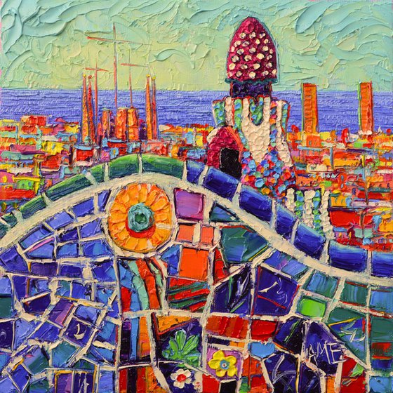 ABSTRACT CITYSCAPE - GAUDI'S SUNFLOWER MOSAIC BARCELONA PARK GUELL - textural impressionist abstract stylized city view impasto palette knife oil painting by Ana Maria Edulescu