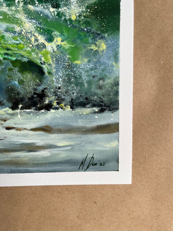 Green wave original oil painting