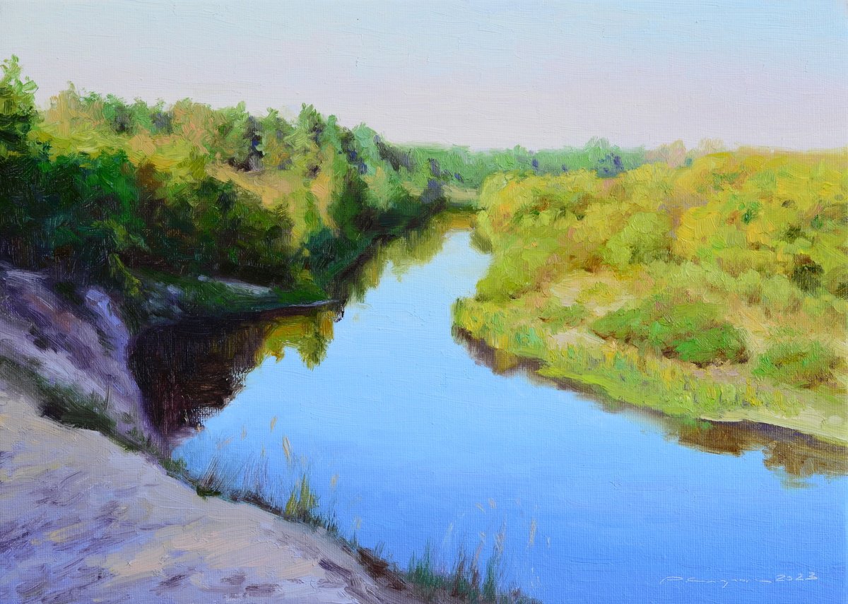 Impressionistic Landscape Oil Painting By Ruslan Kiprych, 14 X 10", View Of The River, Original Artwork