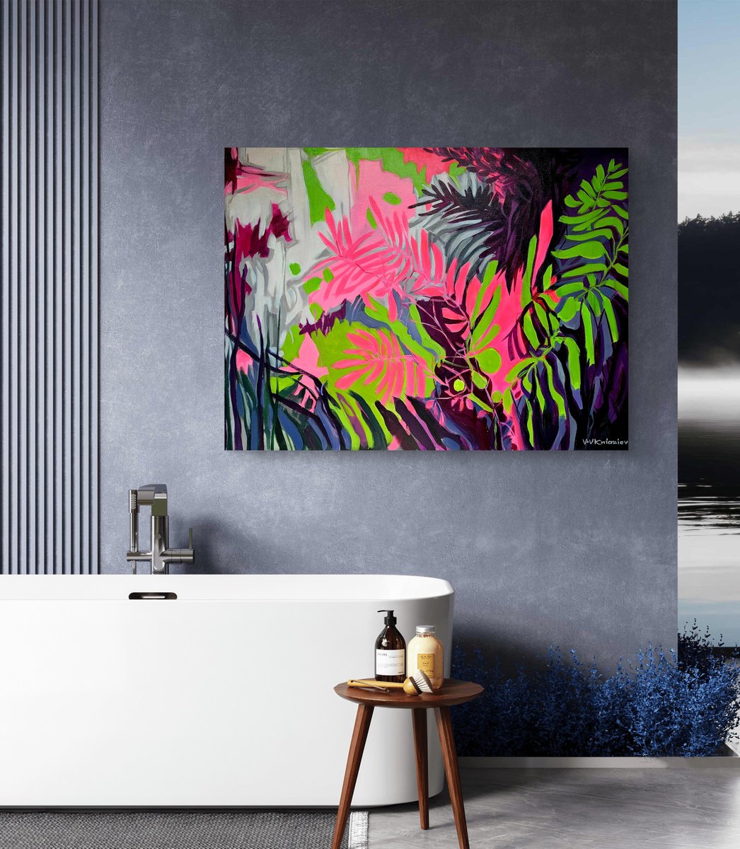 Abstract Acrylic Painting By V+V Kniazievi, 47 X 35", After Rain #7, Original Artwork