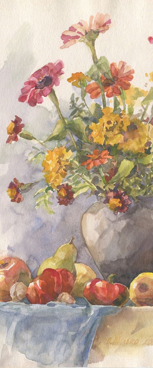 Still life with red pepper and zinnia / Flowers and harvest Fall watercolor by Olha Malko