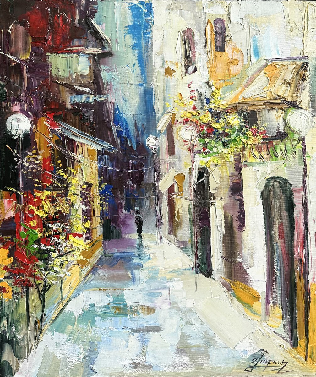 Impressionistic Cityscapes Oil Painting By Vahe Bagumyan, 20 X 24", Luminescent Alley, Original Artwork