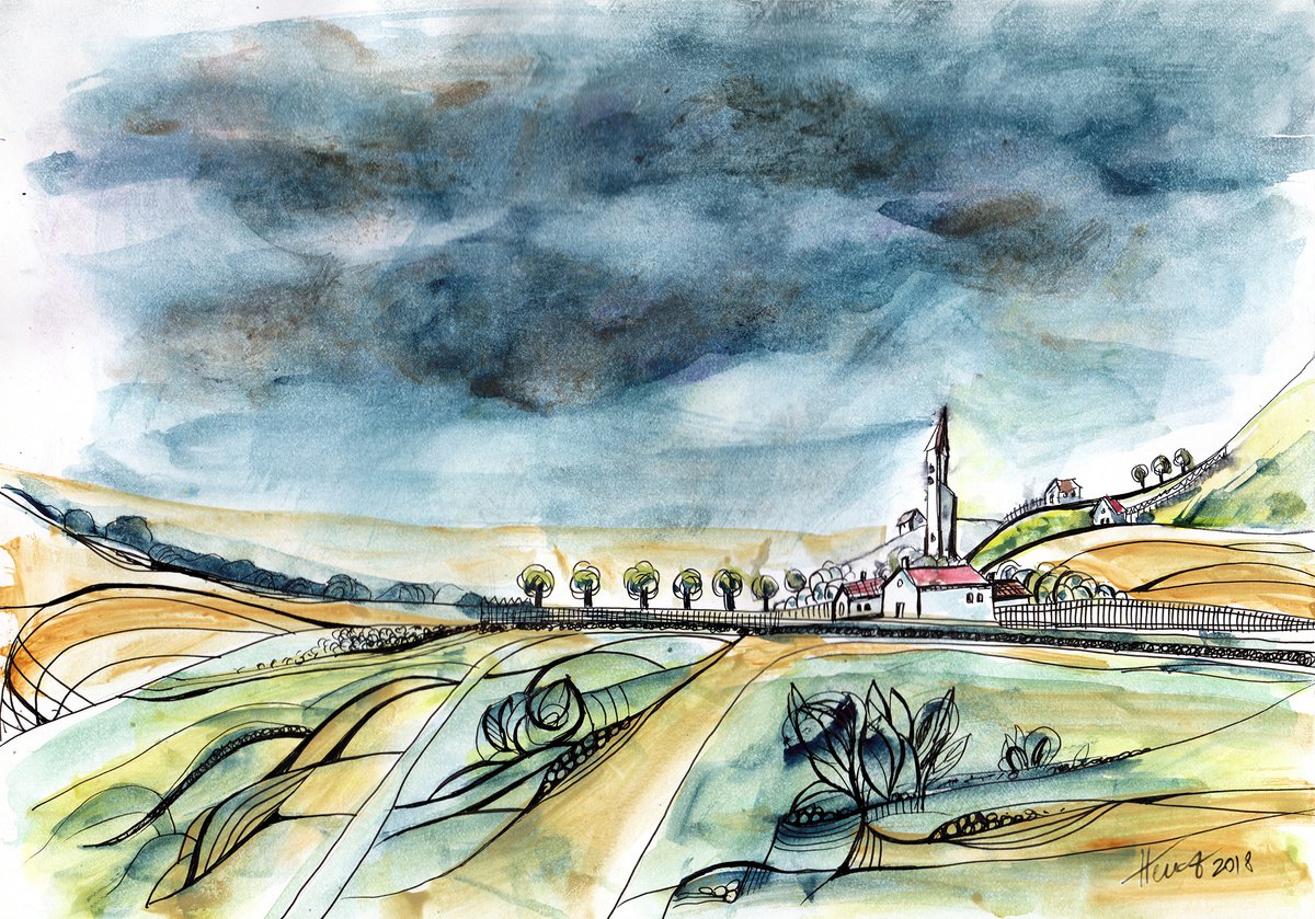 Organic Landscape Ink Drawing By Aniko Hencz, 11 X 8, A Rainy Day, Original Artwork