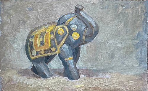 Elephant miniature oil painting, art from Ukraine by Roman Sergienko