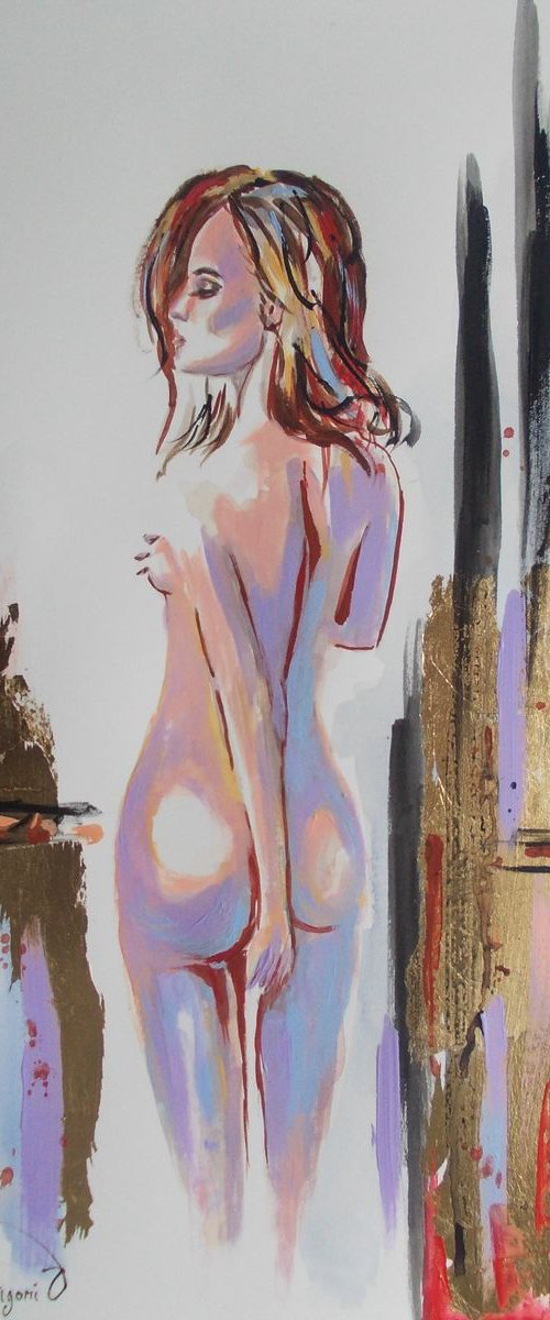 Helen -Mixed Media Nude Woman  Painting on Paper by Antigoni Tziora