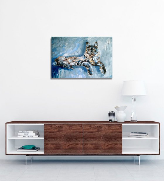 The Cat, Cat Oil Painting Maine Coon Original Art Tabby Cat Artwork Pet Portrait Wall Art 60x40 cm