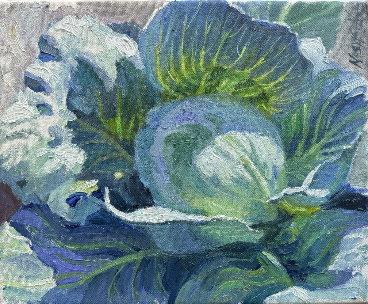 Impressionistic Botanical Oil Painting By Nataliia Nosyk, 12 X 10", The Cabbage, Original Artwork