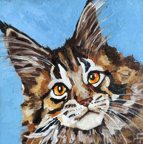 Cat Oil Painting Original Art Maine Coon Kitten Artwork Tabby Cat Portrait Pet Wall Art by Yulia Berseneva