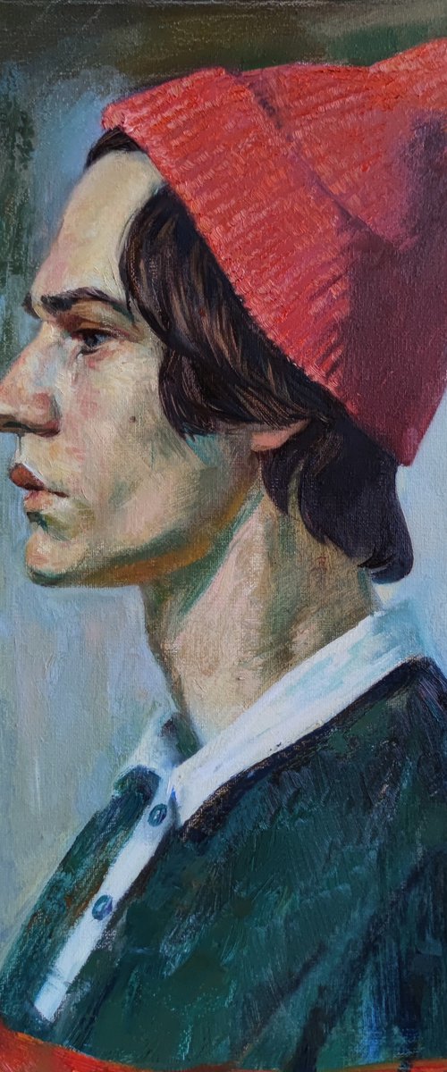 Portrait of a young man in a pink hat by Maria Egorova