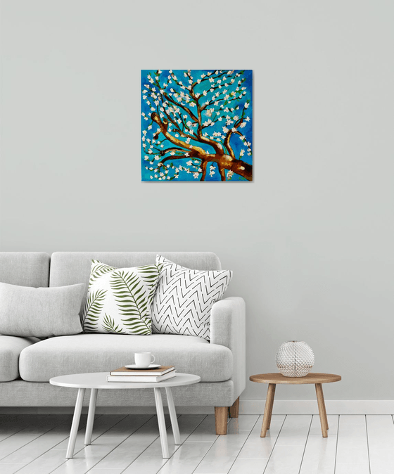 Almond blossom on turquoise inspired by Vincent Van Gogh oil painting ready to hang