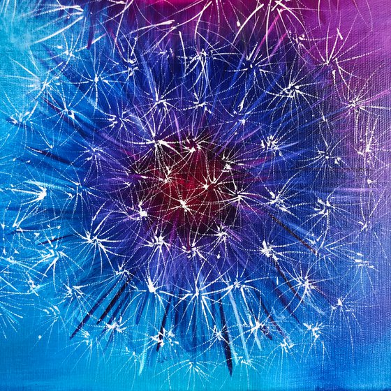 BLUE SPACE - Dandelions. Abstraction. Botanical. Pink. Indigo. Umbrella dandelions. Openwork. Macro flowers. Ultramarine.