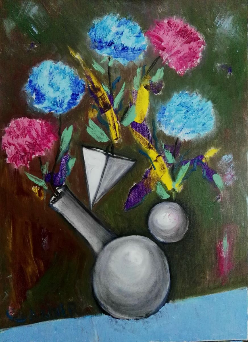 Geometric Botanical Oil Painting By Leo Baxiner, 20 X 28", Dancing With Shapes, Original Artwork