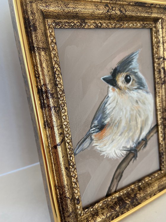 Titmouse Bird painting mini art framed 16x12cm cute mini art