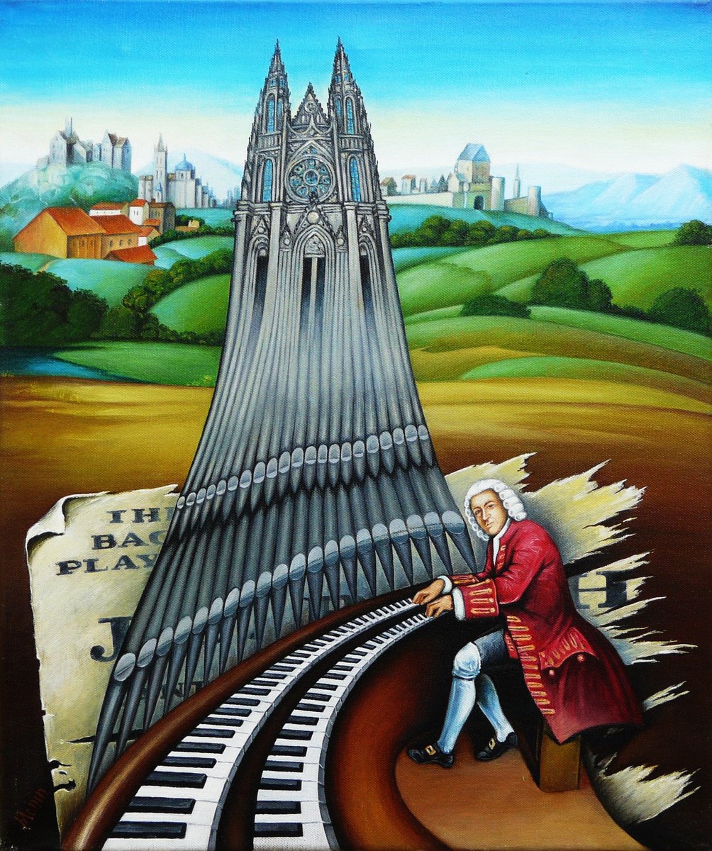 Impressionistic Cityscapes Oil Painting By Sergei Monin, 20 X 24", Bach And The Organ, Original Artwork