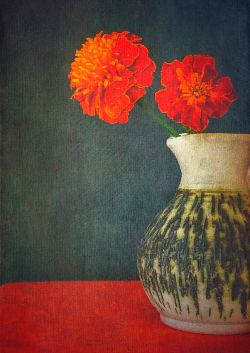 Expressive Botanical Photograph By Sarah Parsons, 12 X 15", Two Bright Marigolds, Original Artwork