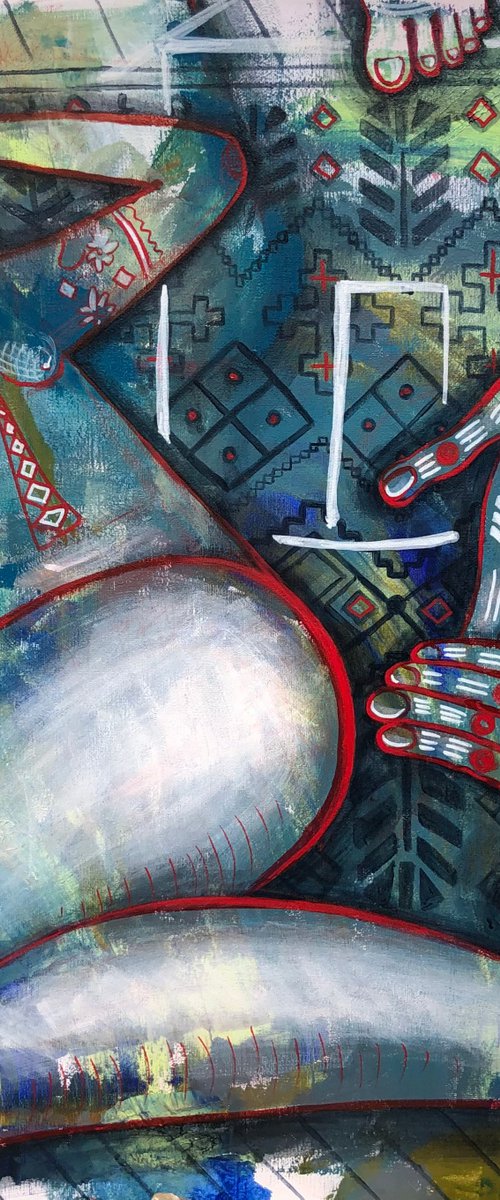 «Strangers in my house» folk abstract painting about Ukraine by Yuliia Chaika