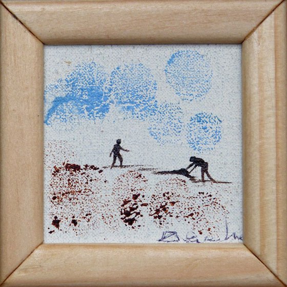 Building sand castles, miniature oil painting on canvas 8x8 cm framed and ready to hang