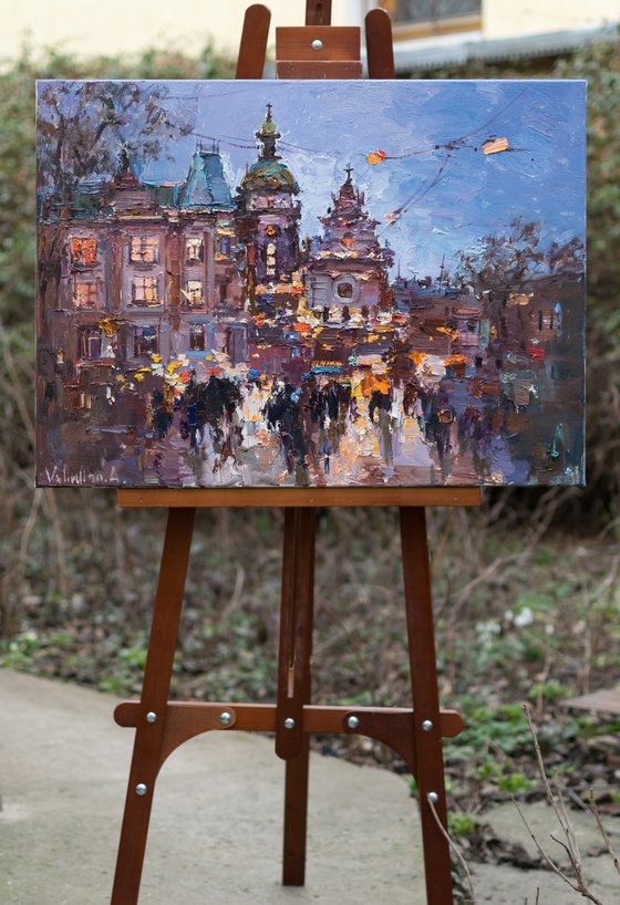 Lviv. Original oil painting evening city of Lviv, Ukraine, landscape painting