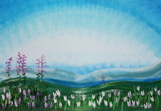 spring landscape B048 Sakura cherry blossom tree Tulips Large painting 110x160 cm unstretched canvas art green blue sky