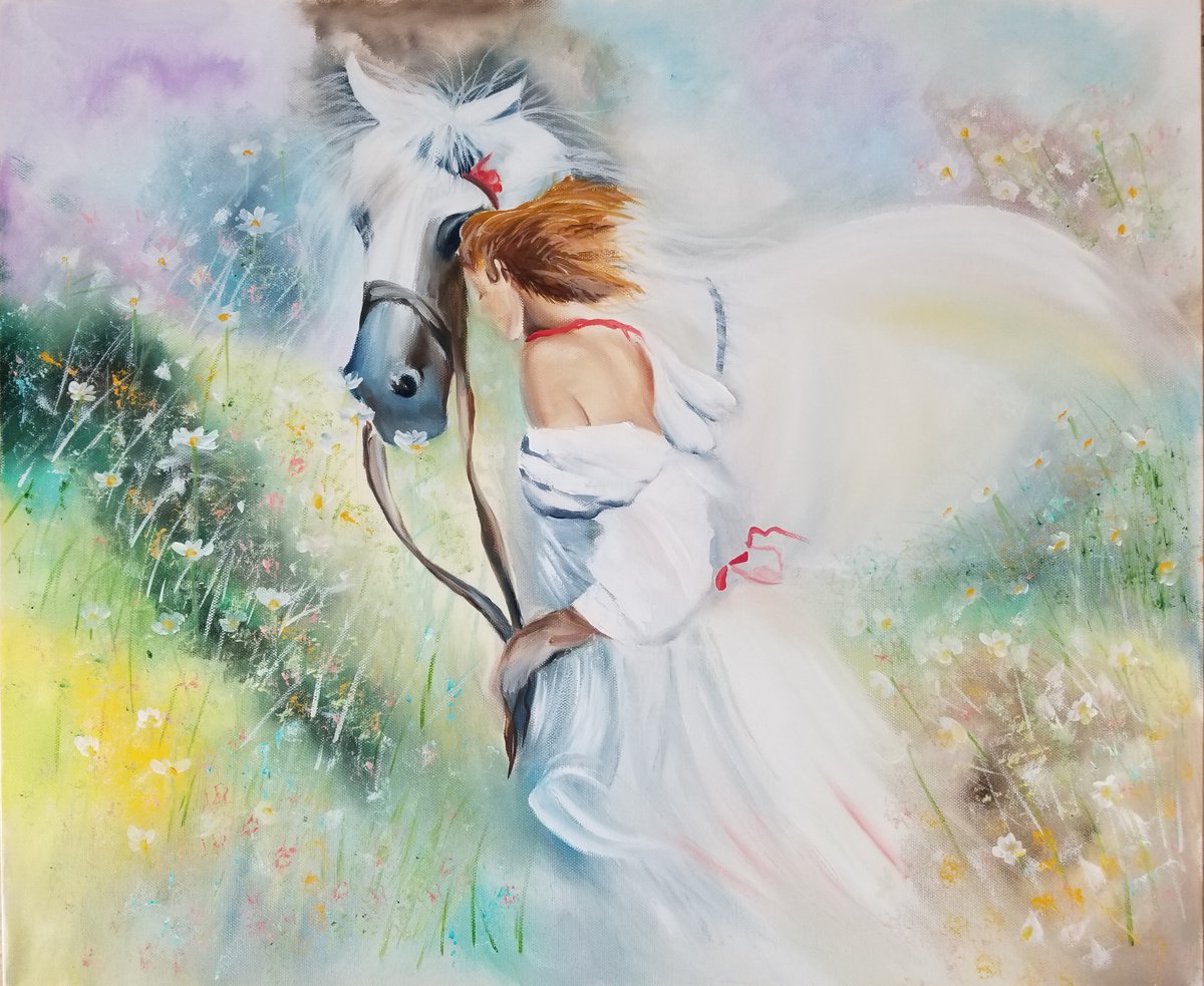 A Girl with a Horse. Mothers Day Gift. Gift for couple. Bedroom Decoration. Spectacular Oi... by Alexandra Tomorskaya/Caramel Art Gallery