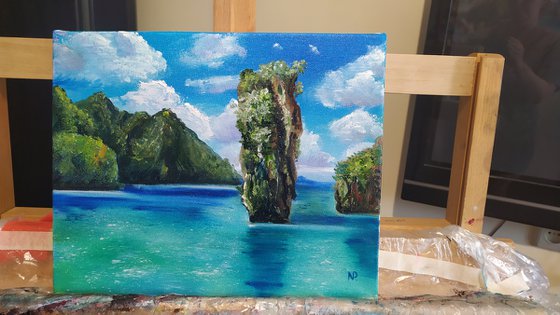 Bali, original small sea ocean sky oil painting, Gift bedroom painting