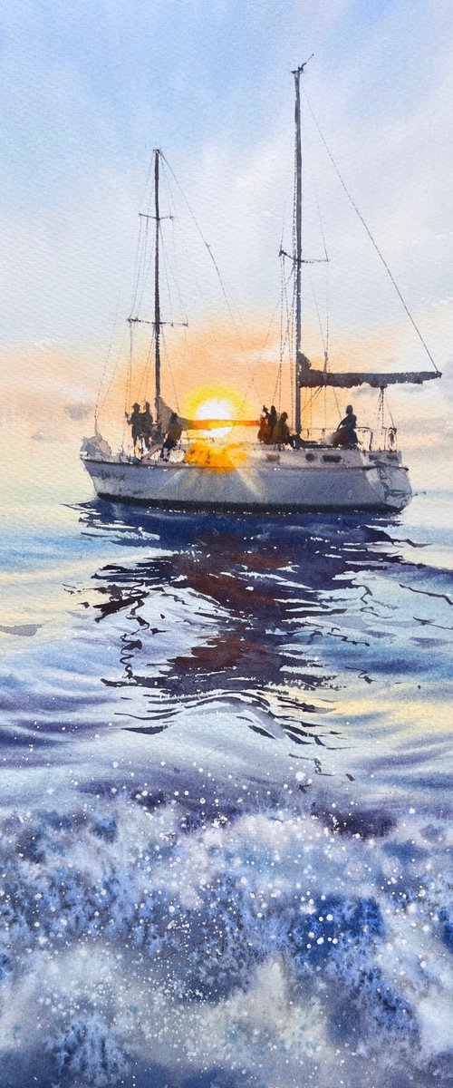Yacht at sea at sunset. Sailors by Eugenia Gorbacheva
