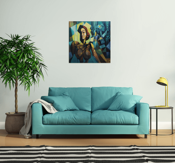 Midnight (80x80cm, cubism, oil painting, ready to hang)