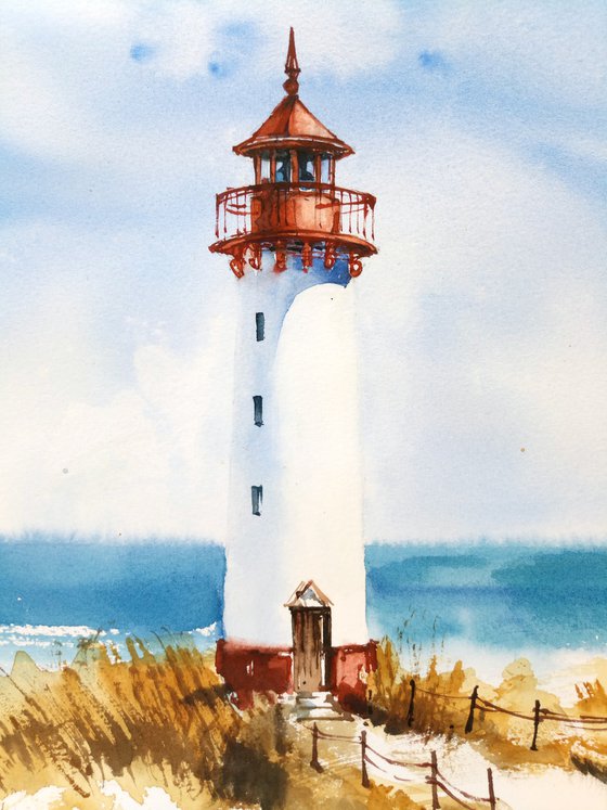 "Seascape with a lighthouse, summer sunny day" original watercolor artwork