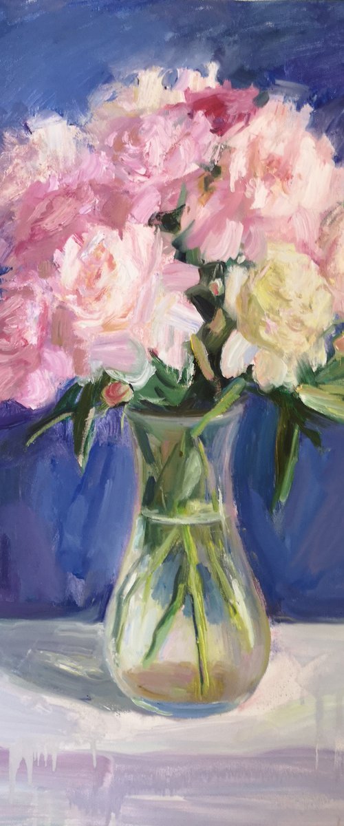 Peonies on a blue background by Olga Samar