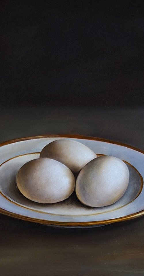 Three Eggs on Porcelain Plate by Natalia Langenberg