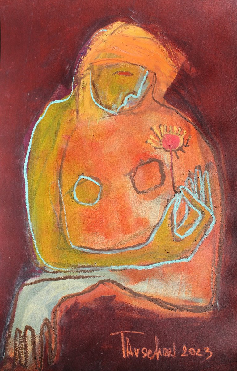 Expressive Portrait Pastel Drawing By Tatjana Auschew, 13 X 20", Portrait With A Flower., Original Artwork