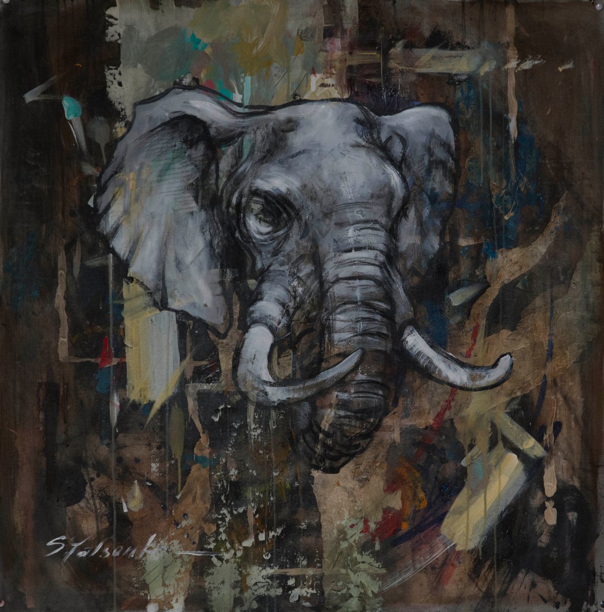 Expressive Animal Painting By Sergei Yatsenko, 36 X 36", Red Elephant, Original Artwork