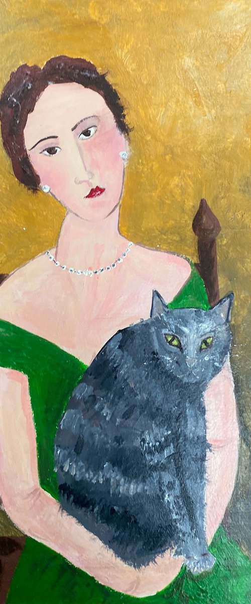 Woman Pearls Tabby Cat by Teresa Tanner