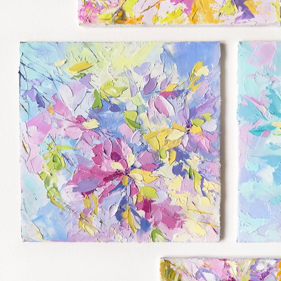 Set of 4 small floral paintings with abstract colorful flowers