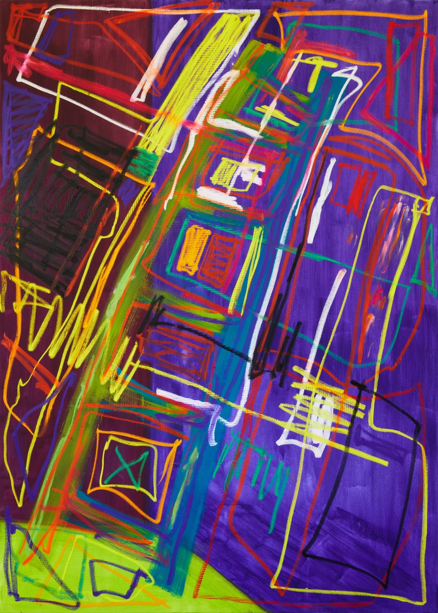 Geometric Abstract Oil Painting By Simon Findlay, 59 X 83", Watching You Use Your Hand As, Original Artwork