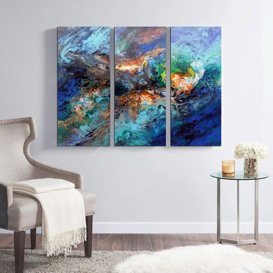 Extra large abstract triptych, three pieces painting set - In another dimension