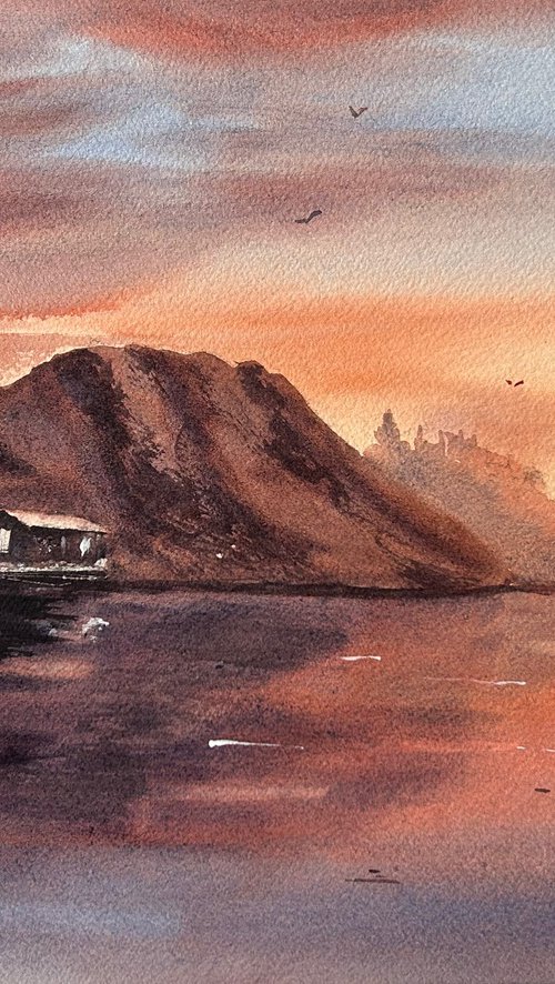 Original watercolour painting, New Foundland and Labrador sunset by Inna Nagaytseva
