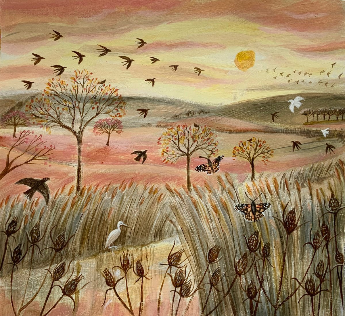 Illustrative Landscape Acrylic Painting By Mary Stubberfield, 11 X 11", Autumn River Sunset, Original Artwork