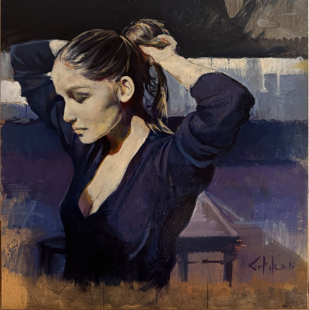 Photorealistic Oil Painting , Tying Back Long Hair By Marco Ortolan, 12 X 12, Artwork For Sale On Artfinder