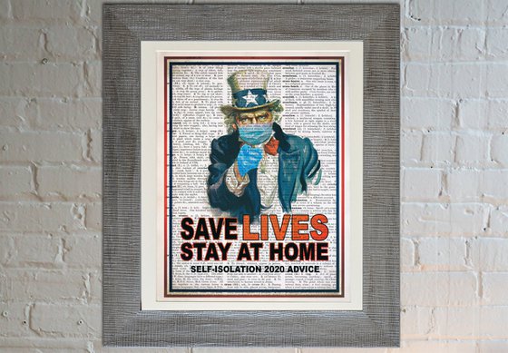 Save Lives, Stay at Home - Collage Art Print on Large Real English Dictionary Vintage Book Page