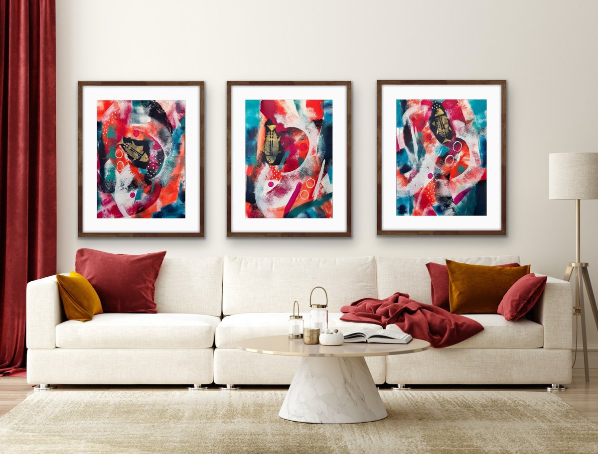 Rashna Hackett | Original Acrylic Painting | Go With The Flow (Triptych) | 46 X 61Cm | Artwork For Sale On Artfinder