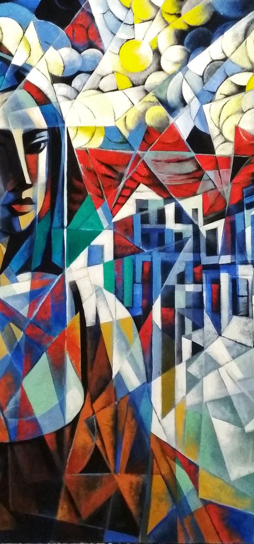 Waiting (90x80cm, cubism, oil painting, ready to hang) by Artrun Asatrian