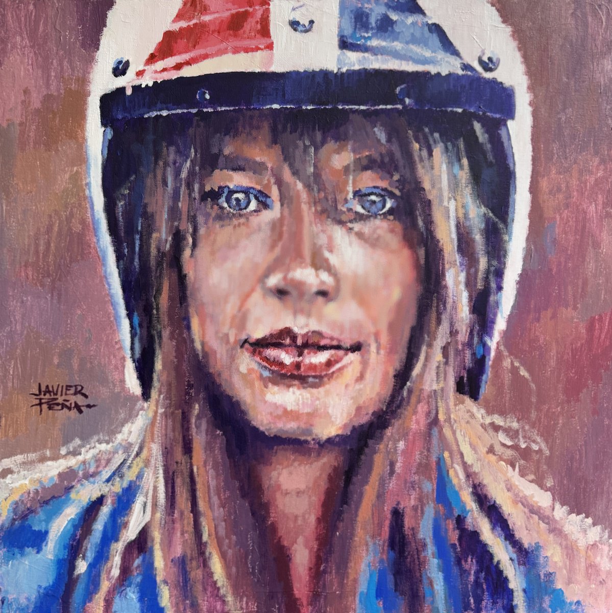 Impressionistic Portrait Acrylic Painting By Javier Pena, 31 X 31, Racers Gaze Acrylic On Canvas 80X80Cm, Original Artwork
