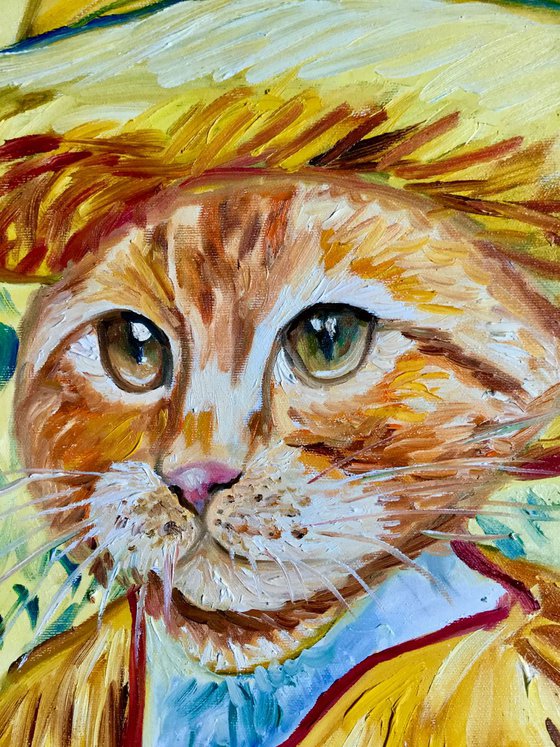 Marmalade Cat La Van Gogh in a straw  hat FELINE ART FOR CAT LOVERS GIFT IDEA