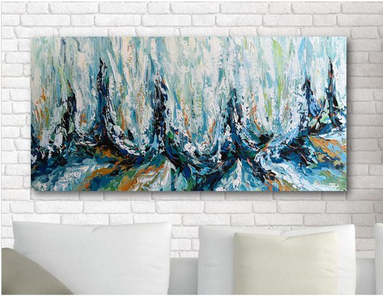 Aqua Blue Horizon - Abstract acrylic painting on canvas, palette knife art  Painting by Olga Tkachyk